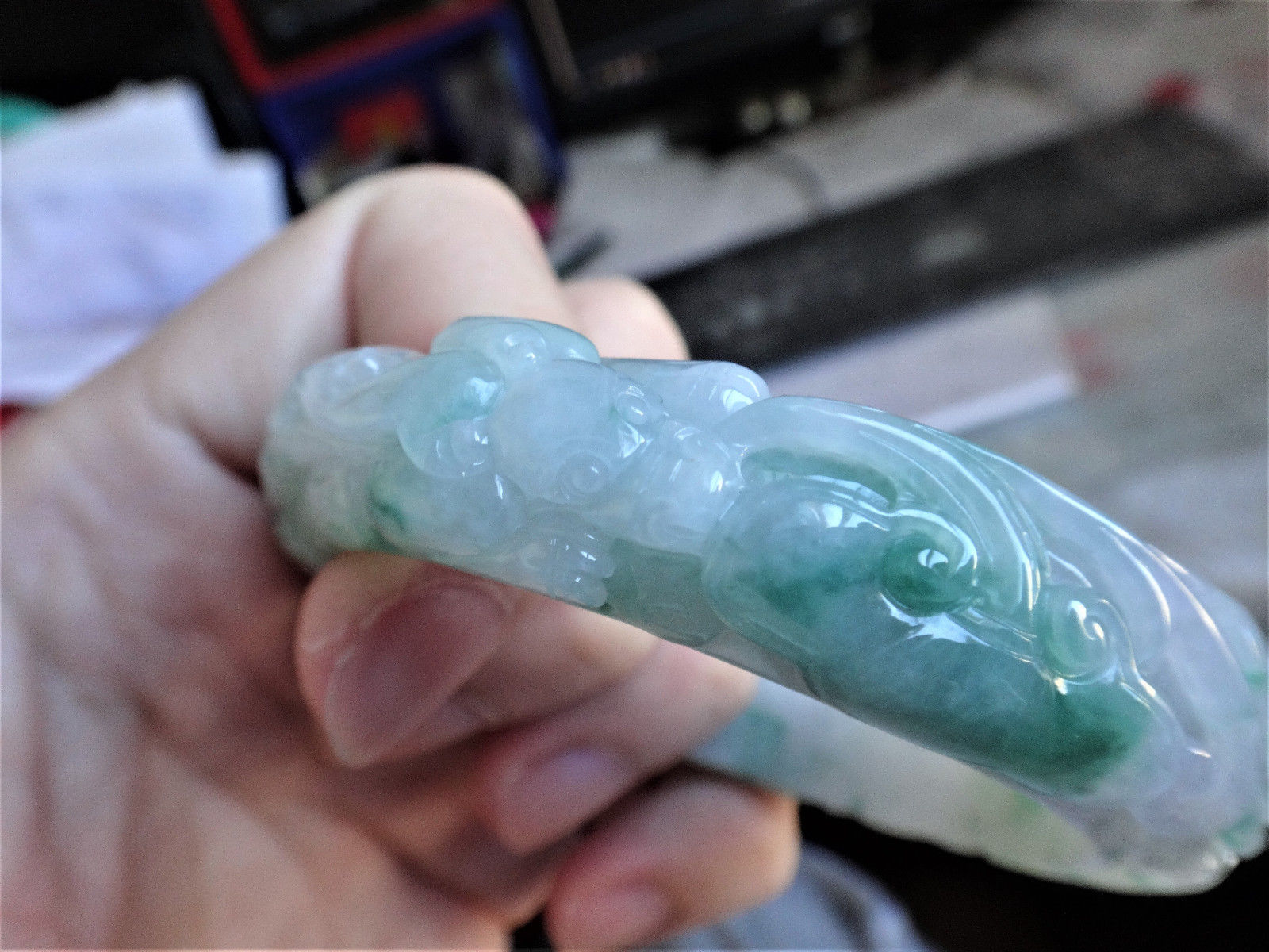 Natural Genuine A Jadeite Jade Floral Green Carved Dragon Bat Ruyi Bangle