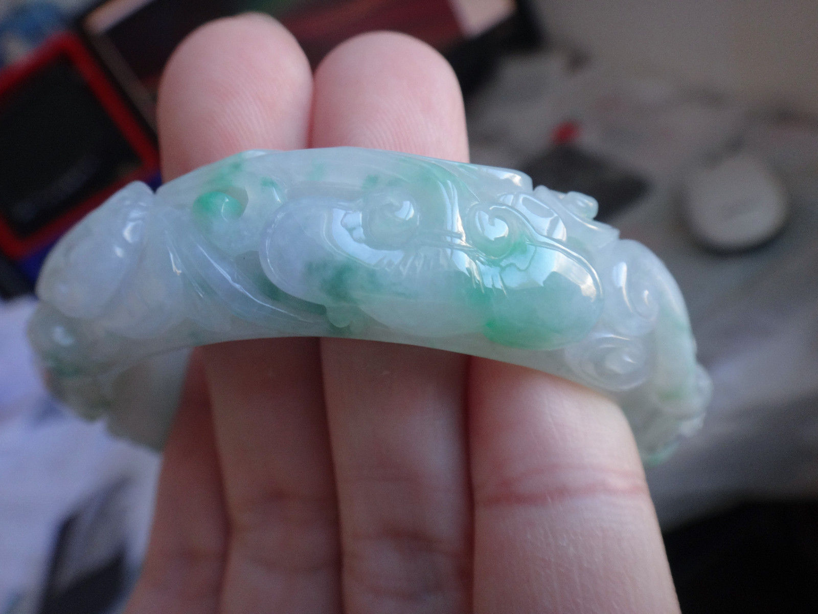 Natural Genuine A Jadeite Jade Floral Green Carved Dragon Bat Ruyi Bangle